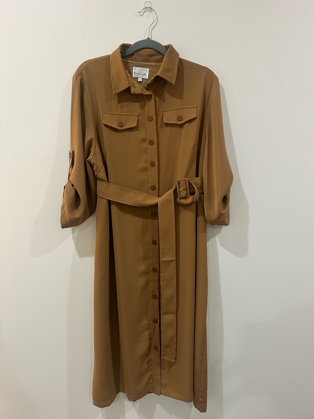 Dainty Jewells Button-Front Midi Shirtdress in Camel Brown